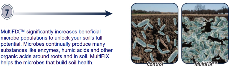 MultiFIX significantly increases beneficial microbe populations to unlock your soil's full potential. Microbes continually produce many substances like enzymes, humic acids, and other organic acids around roots and in soil. MultiFIX helps the microbes that build soil health.